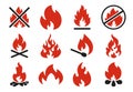 Burn fire icon. Burning flame fireball silhouette or danger bonfire. Flaming explosion flat illustration set Royalty Free Stock Photo
