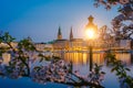 Burn lantern in park with branches of cherry blossom flowers on beautiful Alster river and Hamburg town hall - Rathaus