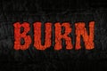 Burn lettering word from hot orange of burnt tree on black wood charcoal texture