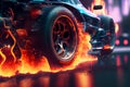 Burn out. Car wheel on fire, flames under the wheel of the car Royalty Free Stock Photo