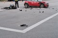 Burnaby, Canada - June 17, 2018: Accident of motorcycle and car at crossroad