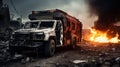 Burned Ambulance amidst Warzone City Devastation. Generative ai