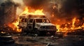 Burned Ambulance amidst Warzone City Devastation. Generative ai Royalty Free Stock Photo