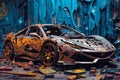 Burned car in the garage, Conceptual image of accident