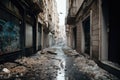 burned city street, with broken windows and scattered debris from broken glass