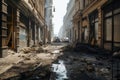 burned city street, with broken windows and scattered debris from broken glass