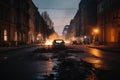 burned city street in the evening, with passing car and people on the background