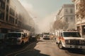 burned city street with fire trucks and ambulances responding to the emergency