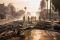 burned city street, with firefighters putting out last of flames and beginning cleanup