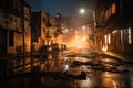 burned city street at night, with bright lights shining in the background