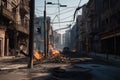 burned city street with traffic light hanging from wires, surrounded by charred buildings