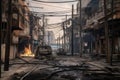 burned city street with traffic light hanging from wires, surrounded by charred buildings