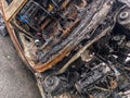 Burned diesel internal combustion engine car which caught fire and was completely destroyed