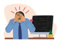 Burned Down Businessman in Depression Sit at Office Desk with Headache and Unfinished Work on Pc Screen, Stressed Worker
