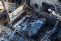 Burned down car, abstract background, selective focus. The situation of protests in the world Royalty Free Stock Photo
