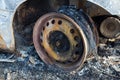 Burned down car, abstract background, selective focus. The situation of protests in the world Royalty Free Stock Photo