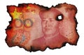 Burned fragment of Chinese Yuan banknote on white isolated background. Concept of financial crisis. Blackened charred edges of 100 Royalty Free Stock Photo
