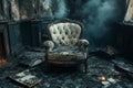 Burned house interior with a white armchair covered in ashes, showing the devastating aftermath of a fire Royalty Free Stock Photo