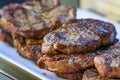 Burned Juicy Steaks barbecue Sizzle on with Salt and Black Peppers Royalty Free Stock Photo