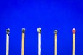 burned match setting on blue background for ideas and inspiration Royalty Free Stock Photo