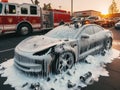 burned melted ev electric car, battery failure in parking lot, firefighter use foam to extinguish Royalty Free Stock Photo