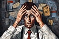 Burned-out businessman in his office. Dramatic illustration of workplace stress. White middle-aged man panicking. Portrait of a