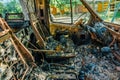 Burned out car, inside view, rusty steering wheel Royalty Free Stock Photo