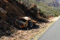 A burned out car next to a road in South Africa Royalty Free Stock Photo