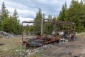 The burned out frame of a motorhome damaged by fire