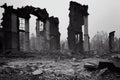 Burned walls of large factory and destroyed industrial buildings.