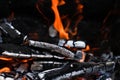 Burned Wood with flames still burning, dark Stone Background of camp fire or Grill Royalty Free Stock Photo