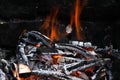 Burned Wood with flames still burning, dark Stone Background of camp fire or Grill Royalty Free Stock Photo