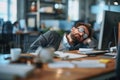 Burnedout Businessman With Quirky Eyepatch Stickers, Dozing At Desk Amid Challenging Project Royalty Free Stock Photo