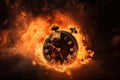 A black alarm clock with large numbers on a dark background surrounded by burning hot particles Royalty Free Stock Photo