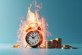 Burning alarm clock with golden coins. Lost investments, burnt savings, inflation concept. Temporary financial difficulties, time Royalty Free Stock Photo