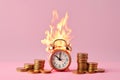 Burning alarm clock with golden coins. Lost investments, burnt savings, inflation concept. Temporary financial difficulties, time Royalty Free Stock Photo