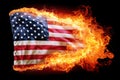 burning American flag of the USA on fire on a black background. A symbol of crisis and problems in the state Royalty Free Stock Photo