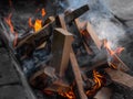 Burning ÃÂampfire wood on brazier Royalty Free Stock Photo