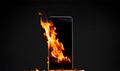Burning android phone in plain black background. Generative AI