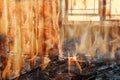 Burning apartment building side view in the destroyed Royalty Free Stock Photo