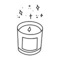 Burning aroma candle in a glass jar. Aromatherapy, relaxation design element. Suitable for cards, logos, decorations. Vector