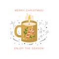 Burning aromatic candle in cup. Christmas and Happy New Year greeting card.