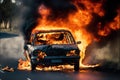 burning automobile in car accident on road