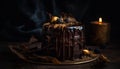 Burning autumn candle ignites indulgent homemade dark chocolate brownie celebration generated by AI