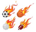 Burning balls. Football and volleyball, basketball and rugby flying sport fireball, game objects in flame, design Royalty Free Stock Photo