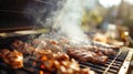 A burning barbecue grill with kin and kith, with smoke puffs rising in a sunny summer sky