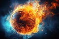 burning basketball ball on fire is flying on black blue background. Sport burn element concept Royalty Free Stock Photo