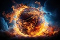 burning basketball ball on fire is flying on black blue background. Sport burn element concept Royalty Free Stock Photo