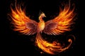 Burning bird phoenix isolated on black background. Bird phoenix. Generative Ai Royalty Free Stock Photo