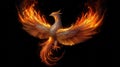 Burning bird phoenix isolated on black background. Bird phoenix. Generative Ai Royalty Free Stock Photo